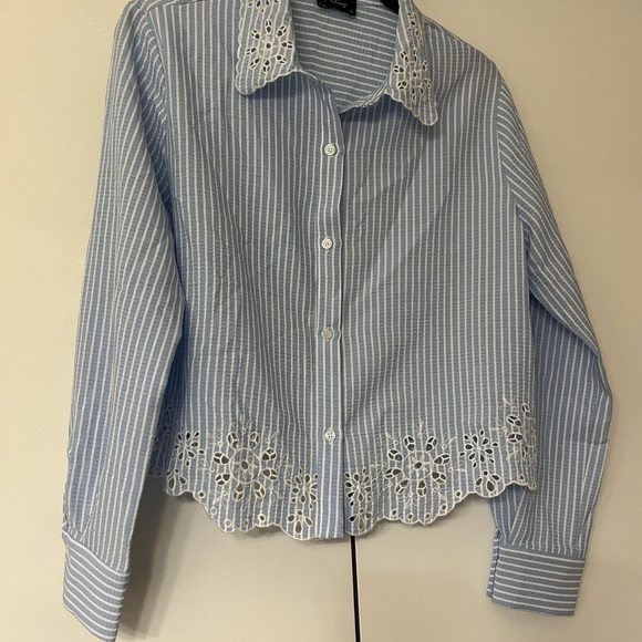 Milk & Honey Tops - Milk & Honey Blue Striped Blouse with Lace Trim
